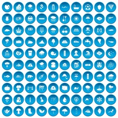 100 rain icons set in blue circle isolated on white vector illustration