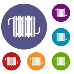 Radiator icons set in flat circle red, blue and green color for web