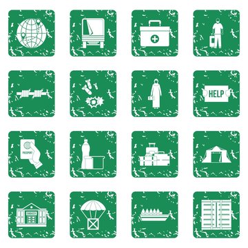 Refugees problem icons set in grunge style green isolated vector illustration