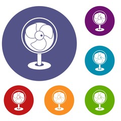 Vintage electric fan icons set in flat circle red, blue and green color for web