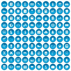 100 school icons set in blue circle isolated on white vector illustration