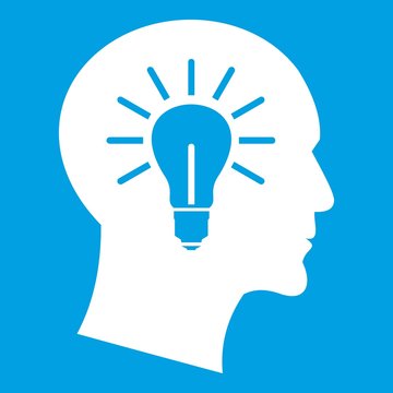 Light bulb inside head icon white isolated on blue background vector illustration