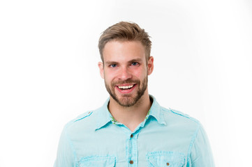 Man with perfect smile on unshaven face isolated on white background. Happy man with beard. Bearded...