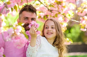 Washable wall murals Cherryblossom Childhood concept. Father and daughter on happy faces play with flowers, sakura background. Child and man with tender pink flowers in beard. Girl with dad near sakura flowers on spring day.