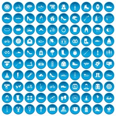 100 shoe icons set in blue circle isolated on white vector illustration
