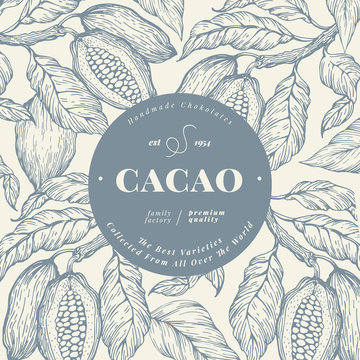 Cocoa bean tree banner template. Chocolate cocoa beans background. Vector hand drawn illustration. Vintage style illustration.