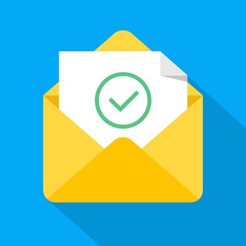 Envelope With Document And Round Green Check Mark Icon. Successful E-mail Delivery, Email Delivery Confirmation, Successful Verification Concepts. New Modern Flat Design Vector Icon. EPS 10