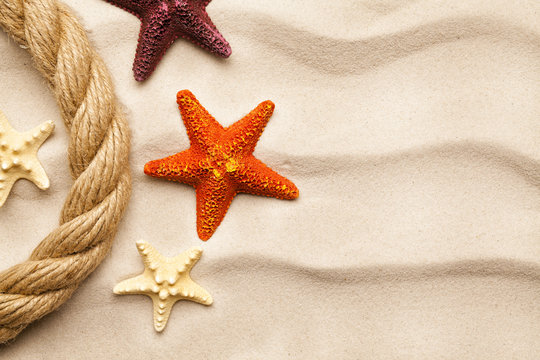 Rope and starfish on beach sand