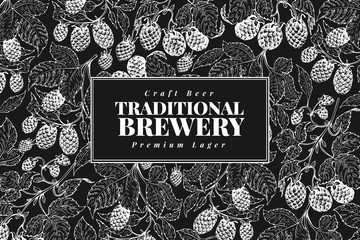 Beer hop design template. Retro beer background. Vector hand drawn hop illustration on chalk board. Vintage style banner.