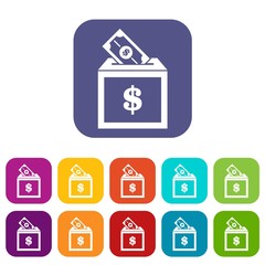 Donation box icons set vector illustration in flat style in colors red, blue, green, and other