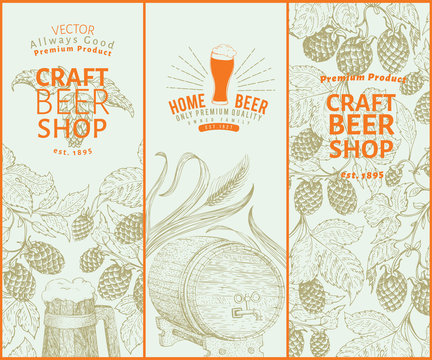 Beer hop design templates. Retro beer background. Vector hand drawn hop illustration. Vintage style banner set.