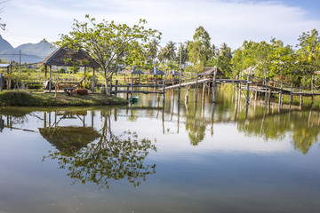 Obraz premium Wooden bridge and reflection