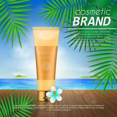 Summer sunblock cosmetic design template on beach background with exotic palm leaves. 3D realistic sun protection and sunscreen product ads.