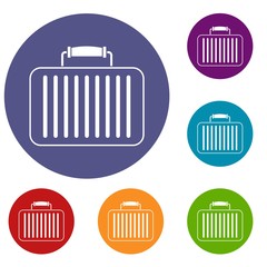 Briefcase icons set in flat circle red, blue and green color for web