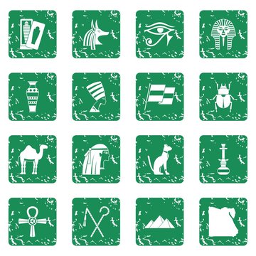 Egypt travel items icons set in grunge style green isolated vector illustration