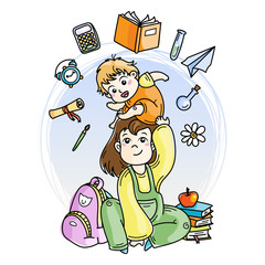 Woman collects a baby in a kindergarten. For books, prints, posters, cards.