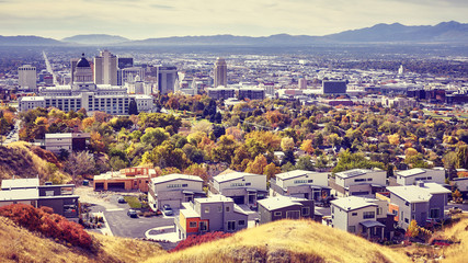 Aerial view of the Salt Lake City downtown in autumn, color toned picture, Utah, USA.