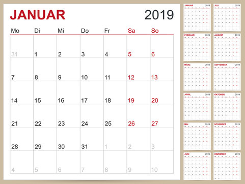 German Calendar 2019 / German planning calendar 2019, German calendar template for year 2019, set of 12 months, week starts on Monday, printable calendar templates vector illustration