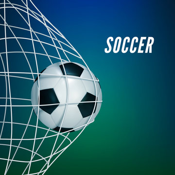 Soccer game match goal moment with ball in the net. Vector illustration isolated on blur background