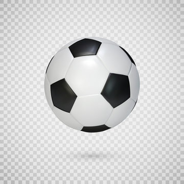 Soccer ball isolated on transparent background. Black and white classic leather football ball.  Vector illustration