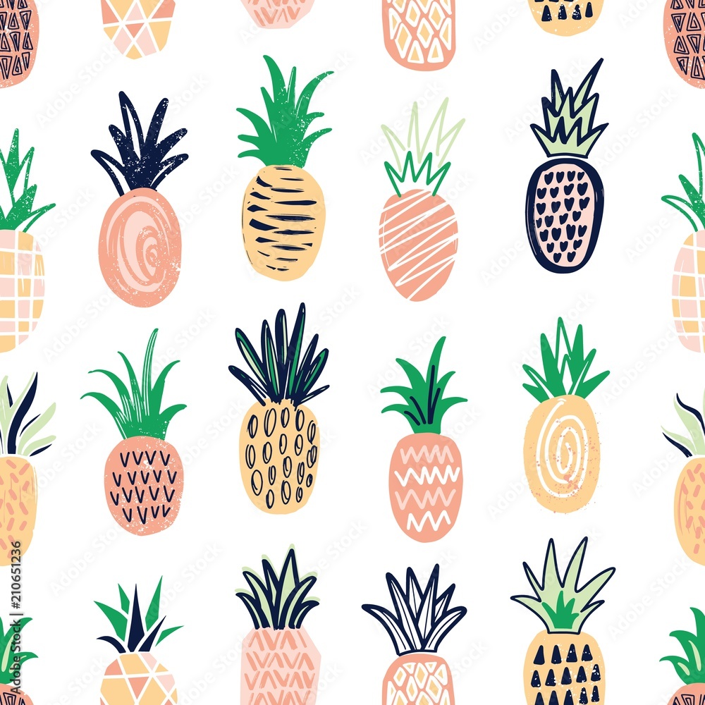 Poster Modern seamless pattern with pineapples of different color and texture on white background. Backdrop with exotic tropical fresh juicy fruits. Colored hand drawn vector illustration for wallpaper.