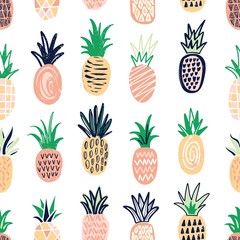 Modern seamless pattern with pineapples of different color and texture on white background. Backdrop with exotic tropical fresh juicy fruits. Colored hand drawn vector illustration for wallpaper.