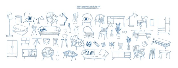Collection of elegant modern furniture and home interior decorations of trendy Scandinavian or hygge style hand drawn with blue contour lines on white background. Monochrome vector illustration.