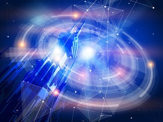 Obraz premium Futuristic holographic display of radial UI elements against a background of deep blue space strewn with stars & constellations / transparent structure of white points connected by lines & triangles