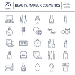 Makeup beauty care flat line icons. Cosmetics illustrations of lipstick, mascara, powder, eyeshadows, cushion foundation, nail polish, hair brush shampoo. Thin signs for make up store Editable Strokes