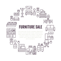 Fototapeta premium Furniture sale banner illustration with flat line icons. Living room, bedroom, home office chair, kitchen, sofa, nursery, lamp, sideboard thin linear signs. Circle template interior store poster.