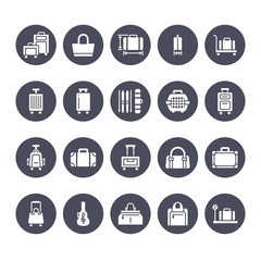 Luggage flat glyph icons. Carry-on, hardside suitcases, wheeled bags, pet carrier, travel backpack. Baggage dimensions and weight signs. Solid silhouette pixel perfect 64x64.