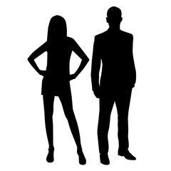 sexy woman dressed in short dress and high heels and slender elegant man dressed in tuxedo, isolated on white background. vector illustration