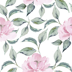 Seamless pattern of delicate pink peony flower watercolor and leaves