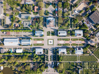 view of the buildings and symmetrical square of the National Exhibition Center in Kiev