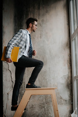 Businessman climbing the steps to success. Future success. first step. Businessman start climbing stair for success, career, work, job, achievement, development, growth, progress, vision, future