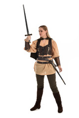 full length portrait of girl wearing brown medieval costume,. standing pose, isolated on white studio background.