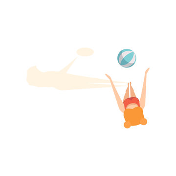 Girl playing ball on the beach, top view vector Illustration on a white background