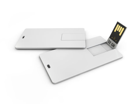 Blank white plastic wafer usb card mockup, 3d Illustration. Visiting flash drive namecard mock up