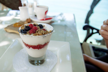 Healthy breakfast yogurt with jam