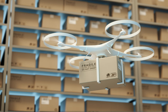 Drones carry express packages in warehouses.Packages are transported in high-tech Settings,online shopping,Concept of automatic logistics management.3d rendering warehouse.