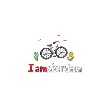 Amsterdam city doodle in cute hand drawn style. Amsterdam cartoon flat symbols set, bicycle and tulips. Holland vector illustration isolated on white.