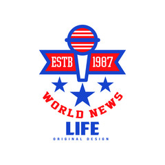 World Life news logo original design estb 1987, social mass media emblem with microphone, breaking and live news badge vector Illustration on a white background