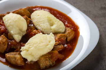 Traditional Hungarian food: Goulash with dumplings