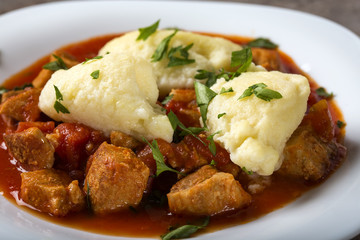 Traditional Hungarian food: Goulash with dumplings