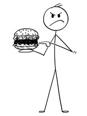 Cartoon stick drawing conceptual illustration of angry man holding hamburger.