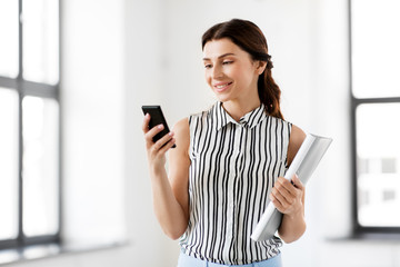 business people, technology and corporate concept - businesswoman or realtor with smartphone and...