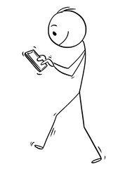 Cartoon stick drawing conceptual illustration of online man or businessman walking with mobile phone.