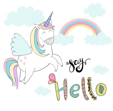 Magic cute unicorn. Vector hand drawn greeting card.
