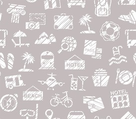 Travel, holidays, tourism, recreation, seamless pattern, shading pencil, grey violet, vector. Different types of holidays and ways of travelling. Imitation of pencil hatching. 
