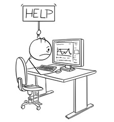Fototapeta premium Cartoon stick drawing conceptual illustration of tired, stressed or unhappy man or businessman working on computer and holding help sign.